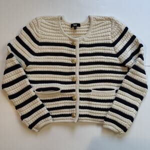 Paige Oberon Crochet Knit Cardigan Sz Small Navy Blue White Stripe Patch Pocket